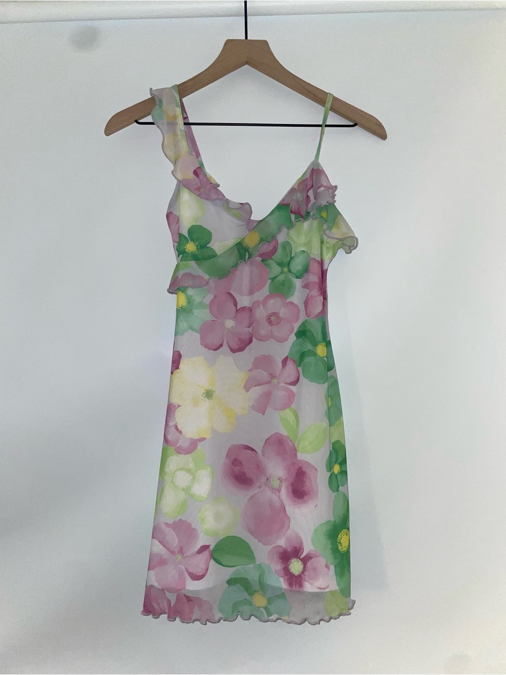 Bershka One-Shoulder Floral Slip Dress in Pink & Green